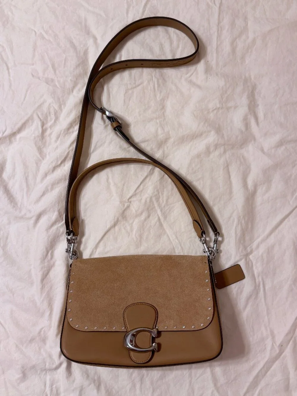 Coach Soft Tabby Shoulder Bag Crossbody Suede Peanut - Complete Both Straps
